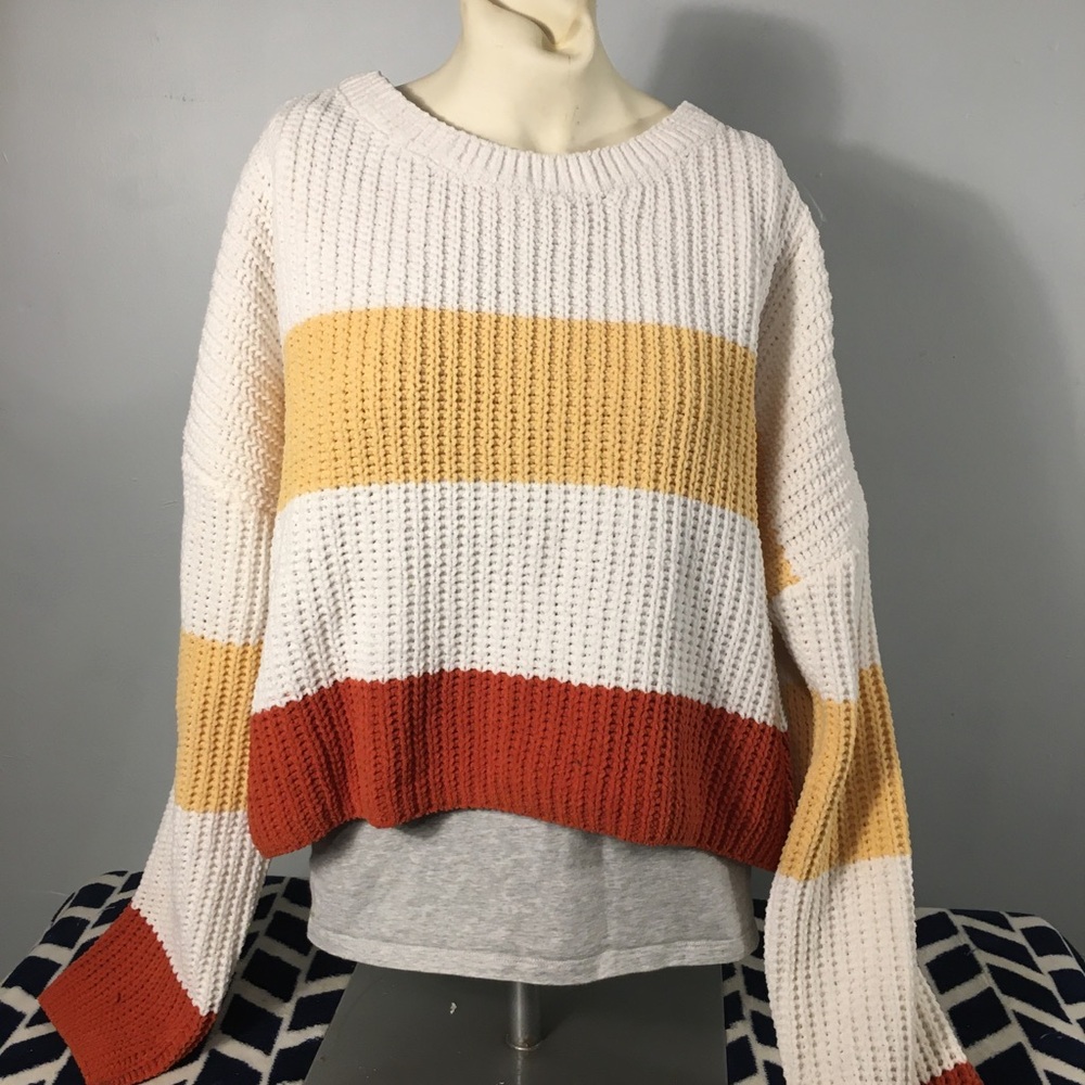 Striped Crewneck Sweater in White, Mustard & Rust